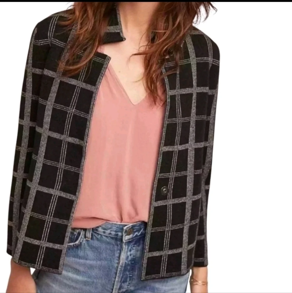 Moth by Anthropologie Knit Sweater Blazer Windowpane Checkered Black Gray Sz L